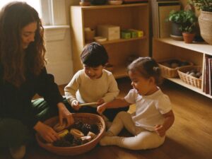 An early childhood educator sitting on the wooden floor exploring a basket of pinecones and wooden rings with two young children