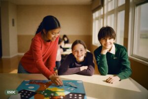 Tweens playing a strategy board game in a school-age care maker corner
