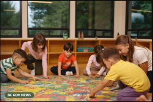 Children doing a large floor puzzle in a brand-new licensed child care space