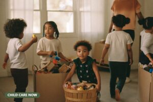 Mixed-age children unpacking baskets of wooden toys in a newly opened child care room