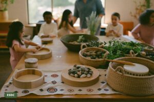 Natural learning materials with cedar rounds, hand drum and woven baskets on a wooden table