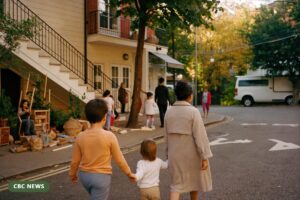 Parent and toddler walking toward a daycare on a Montreal street with wrought-iron staircases