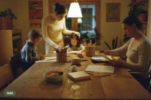 Parent reviewing family papers with a calculator at a kitchen table while a child draws nearby