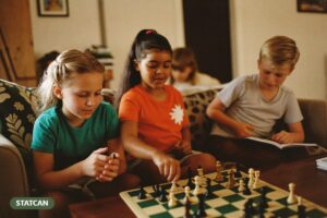School-age children playing chess and reading during a calm before-school morning