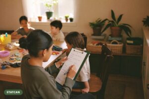 Home child care provider filling out a questionnaire on a clipboard at a sunlit kitchen table