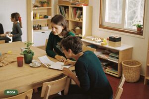 Two early childhood educators reviewing a document together in a bright staff room