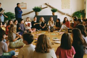 Early childhood educators seated in a wide sharing circle at a bright West Coast conference hall