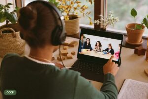 Educator with headphones taking an online course on a tablet at a bright desk