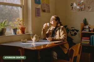 Early childhood educator taking a quiet tea break in a sunlit staff room