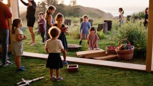 Children playing outdoors at an early learning program on a grassy coastal headland