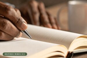 Educator writing in an open reflective journal beside a warm candle