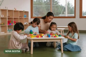 An early childhood educator sits at a low table with young children building with wooden blocks in a bright child care room.