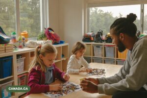 An educator sits with two school-age children working with loose parts materials at a table in a bright before-and-after-school care room.