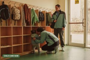 A parent crouches to say goodbye to a toddler by a wall of wooden cubbies at morning drop-off, an educator waiting nearby.