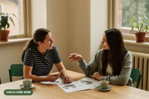 Two early childhood educators sit together at a table reviewing printed pages in a bright staff room.