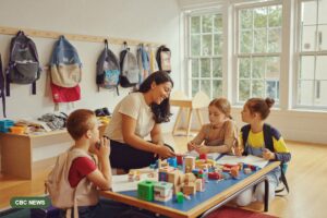 An educator kneels beside three school-age children building with wooden blocks at a low table in a bright school room with backpacks hanging on the wall