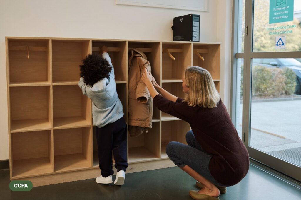 A parent crouches to help a preschooler hang a coat on a low wooden cubby hook just inside a bright child care centre entrance