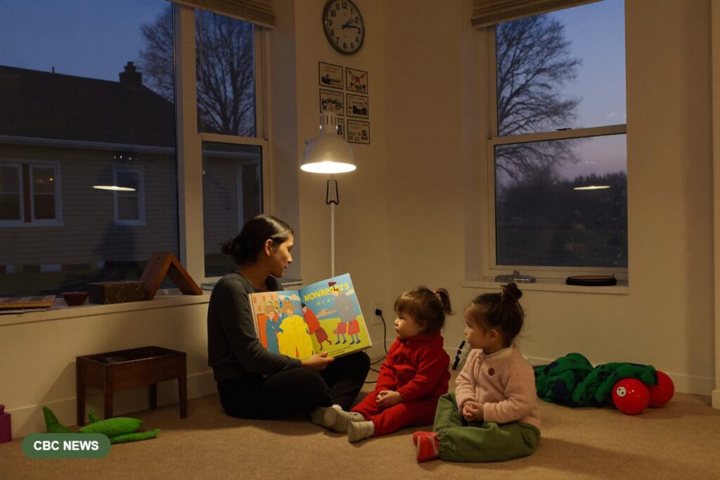 An educator reads a picture book by lamplight to two young children in a warm child care room as dusk shows through the window