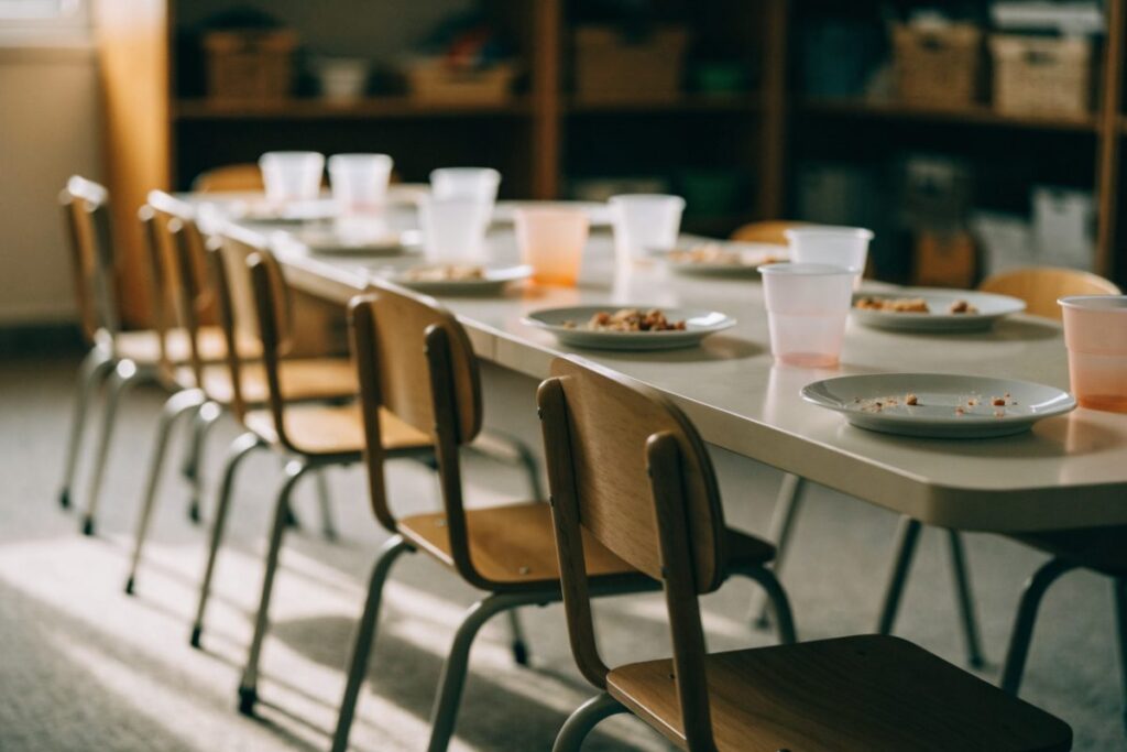 A long child-height table set with plates and cups for a group snack, with one place left unset.