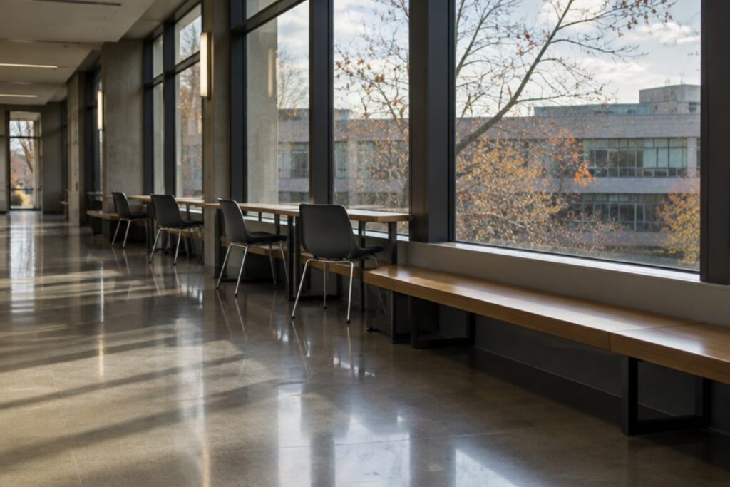 An empty corridor in a Canadian college building, autumn afternoon light falling across the floor and empty study chairs.